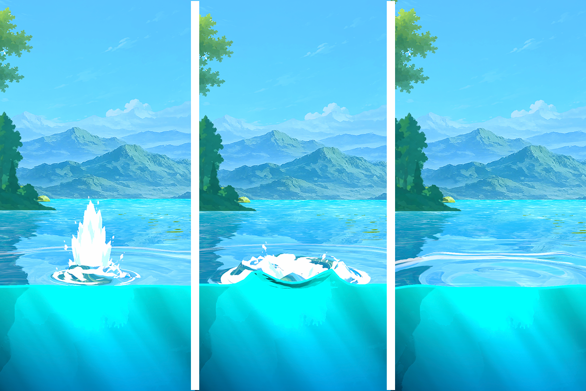 Three moments of a splash settling into expanding ripples.