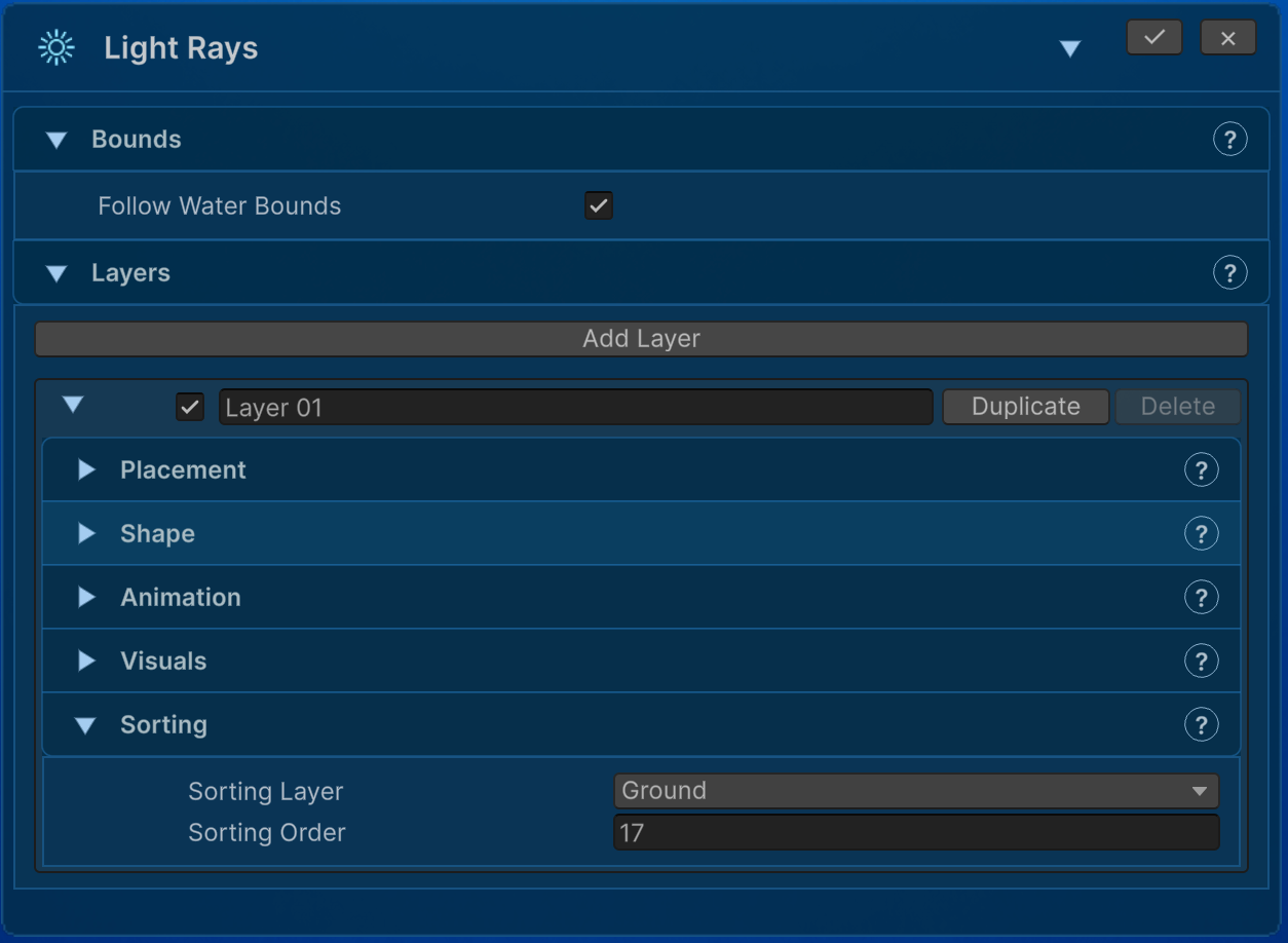 The Light Rays module in the water Inspector with its main controls collapsed.