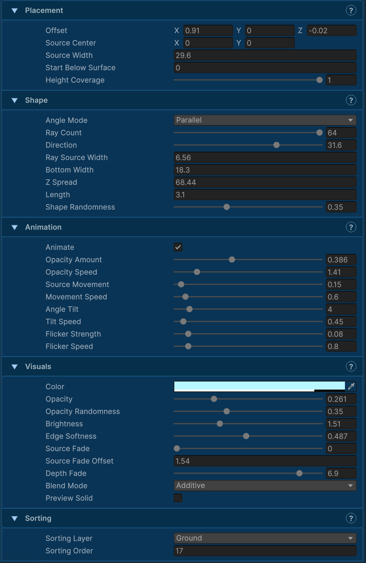 The expanded Light Rays Inspector showing placement, ray shape, appearance, animation, and sorting controls.