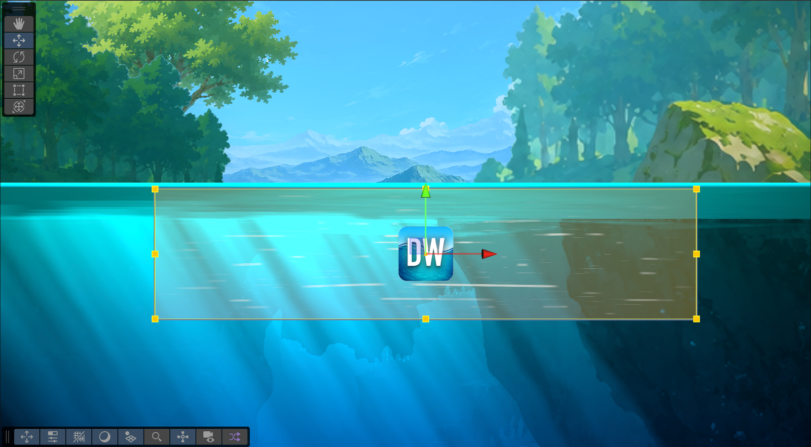 A selected Water Current zone with its Scene gizmo showing the authored flow area and direction.