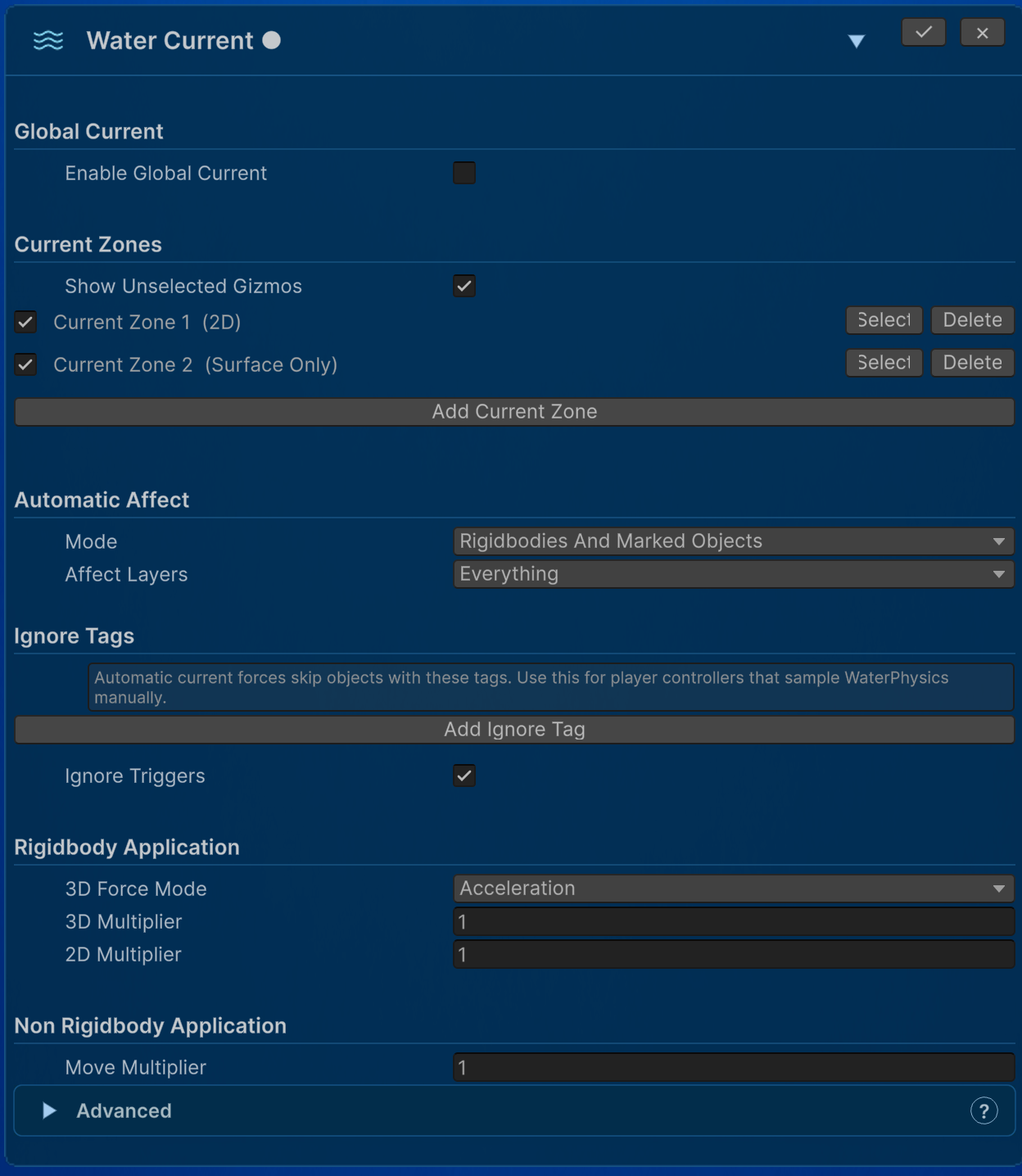 The Water Current module Inspector with global flow, targeting, filtering, and visualization controls.