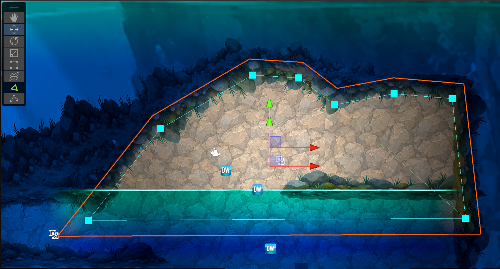 The selected polygon exclusion zone following the outline of the underwater cave.