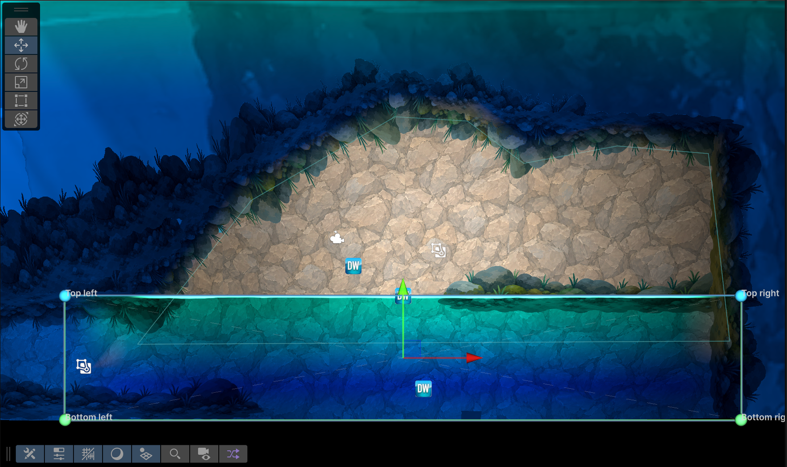The separate 2D water body positioned inside the cave exclusion area.