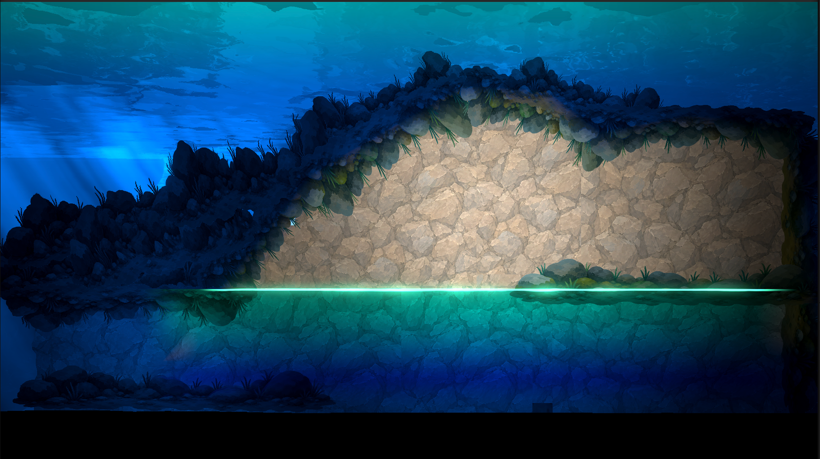 The finished underwater cave: a dry exclusion area in the main water containing a separate glowing 2D water body.