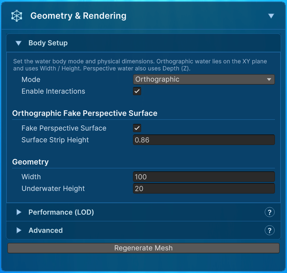 Geometry and Rendering settings for an orthographic Fake Perspective water body.