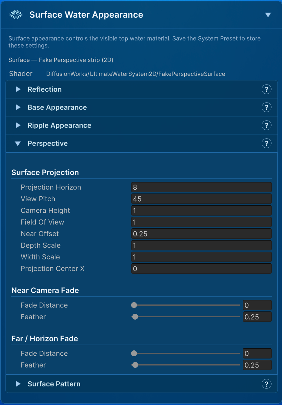 Perspective projection controls for the Fake Perspective surface.