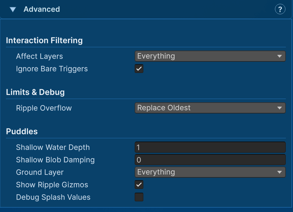 Impact Ripple advanced filtering, capacity, puddle, and debug controls.