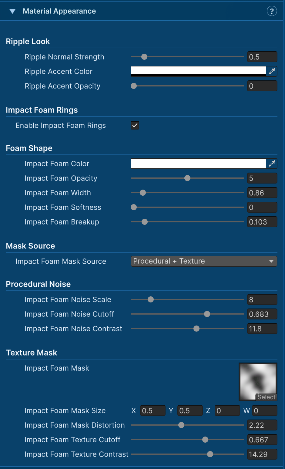 Impact Ripple material appearance and foam-mask controls.