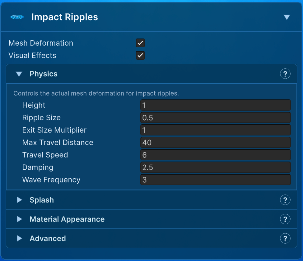 Impact Ripple physics parameters.