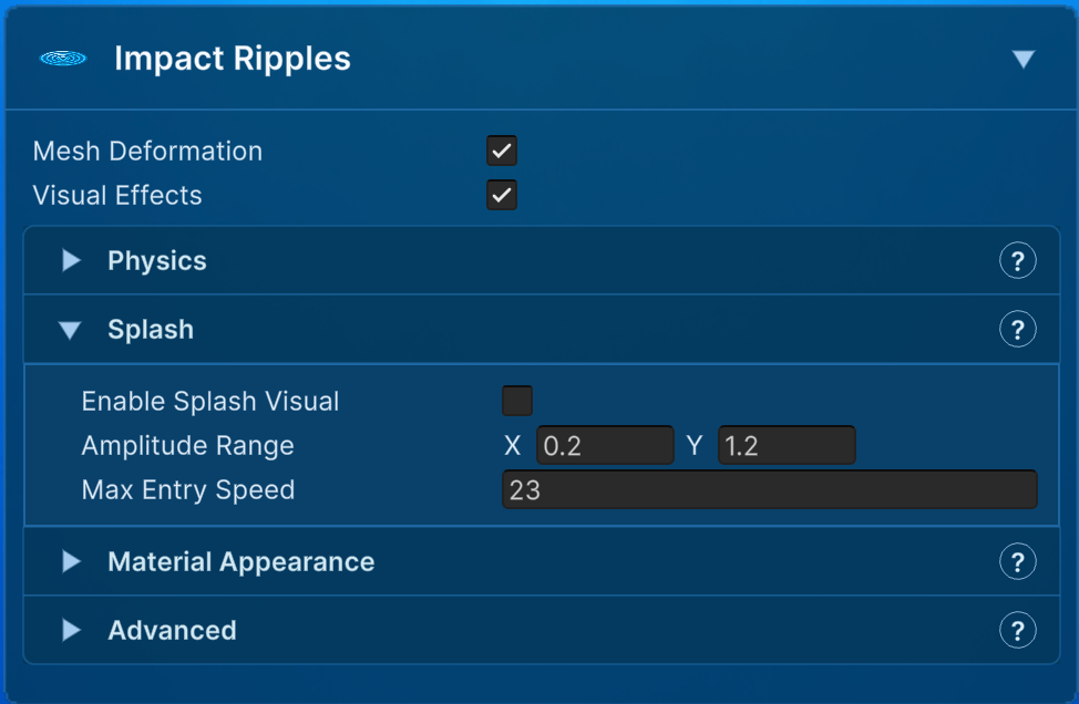 Impact Ripple splash and entry-speed mapping.