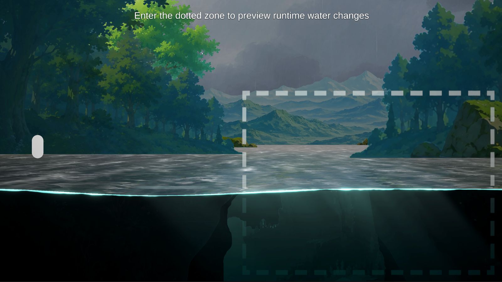 The Main 2.5D Rain sample's dotted trigger zone for previewing runtime water changes.