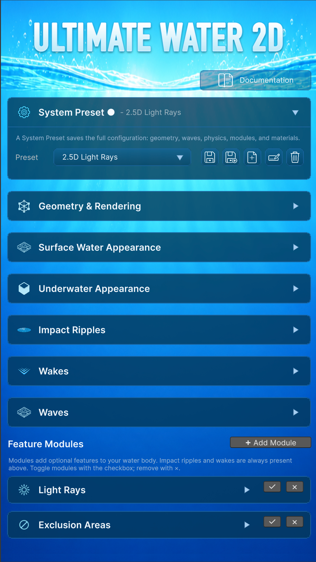 The main Ultimate Water 2D custom Inspector with its primary feature panels.