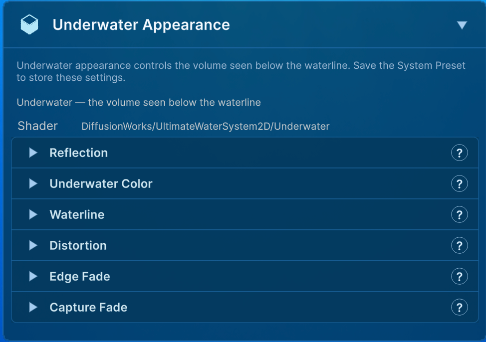 Underwater Appearance groups in the custom Inspector.