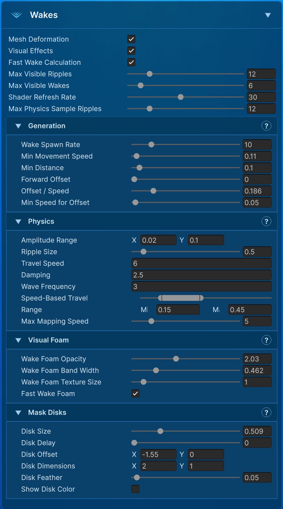 All Wake generation, physics, foam, mask, and performance parameters.