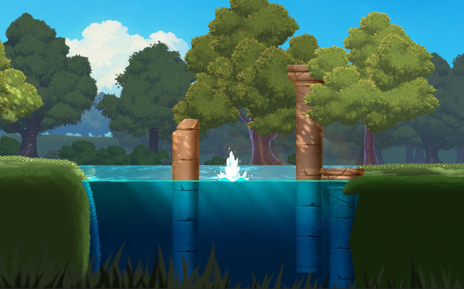 A Fake Perspective 2D water body combining orthographic gameplay with an apparent top surface.