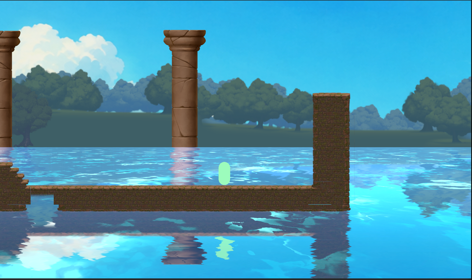 Simple Water 2D used as a reflective custom-shaped water surface.