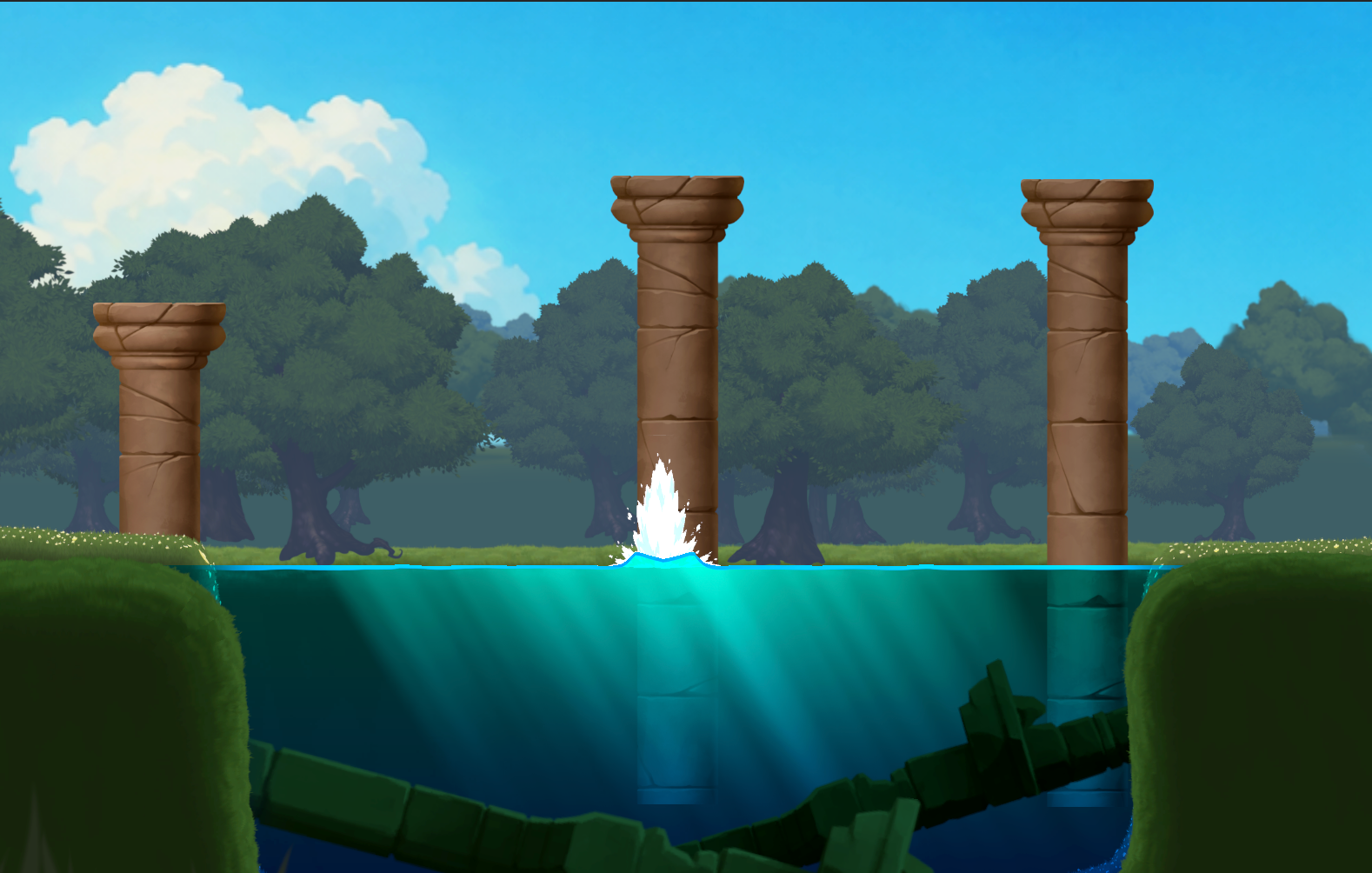 A side-view 2D water body with a dynamic impact splash and underwater light rays.